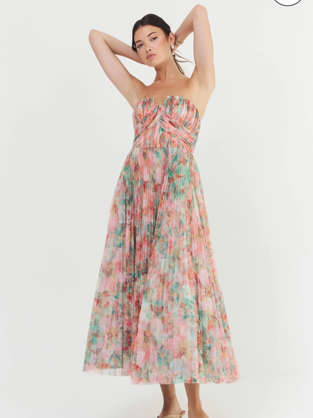Hutch Strapless Pleated Floral Midi Dress in Pink & Green